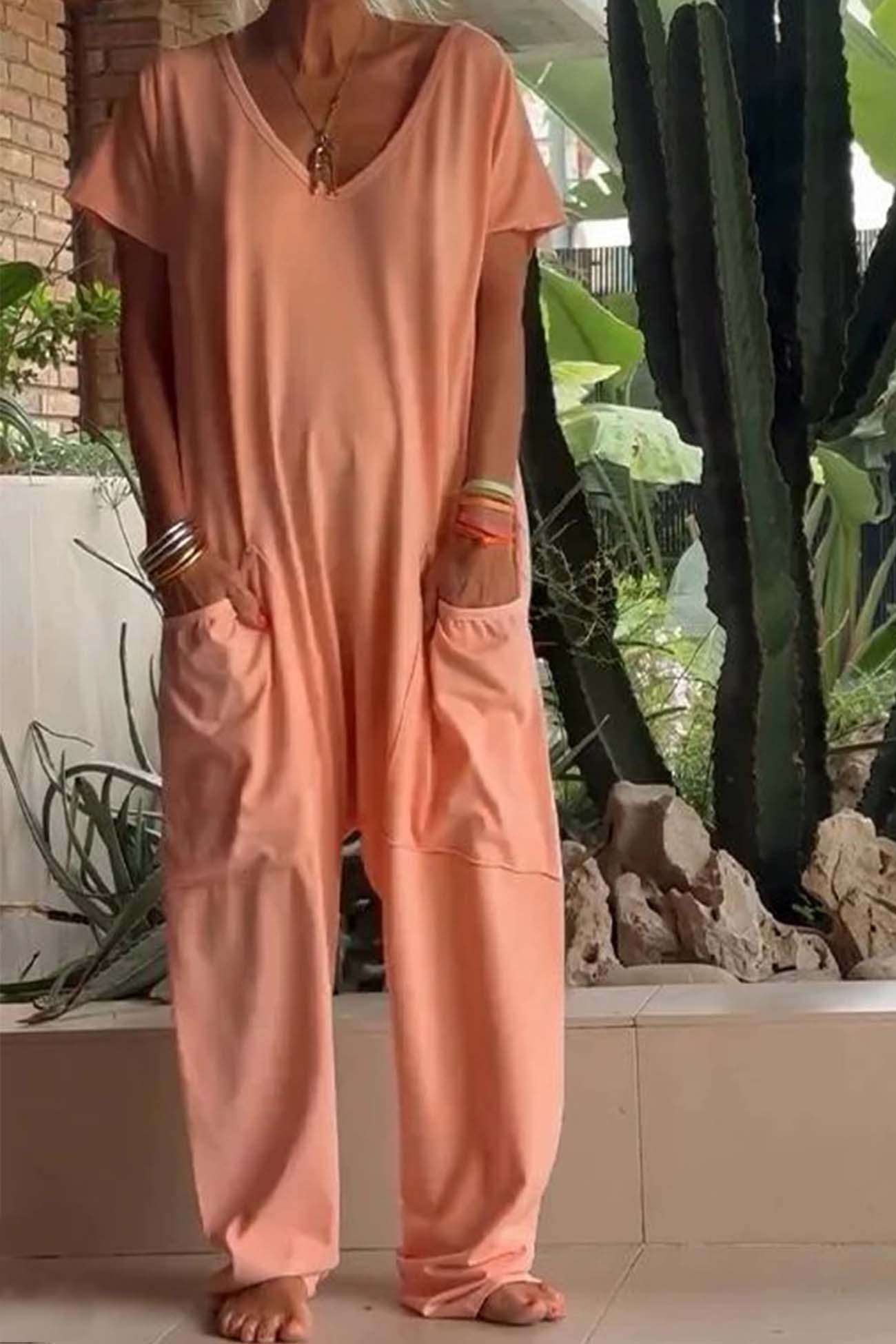 Women's short sleeve v neck pocket jumpsuit