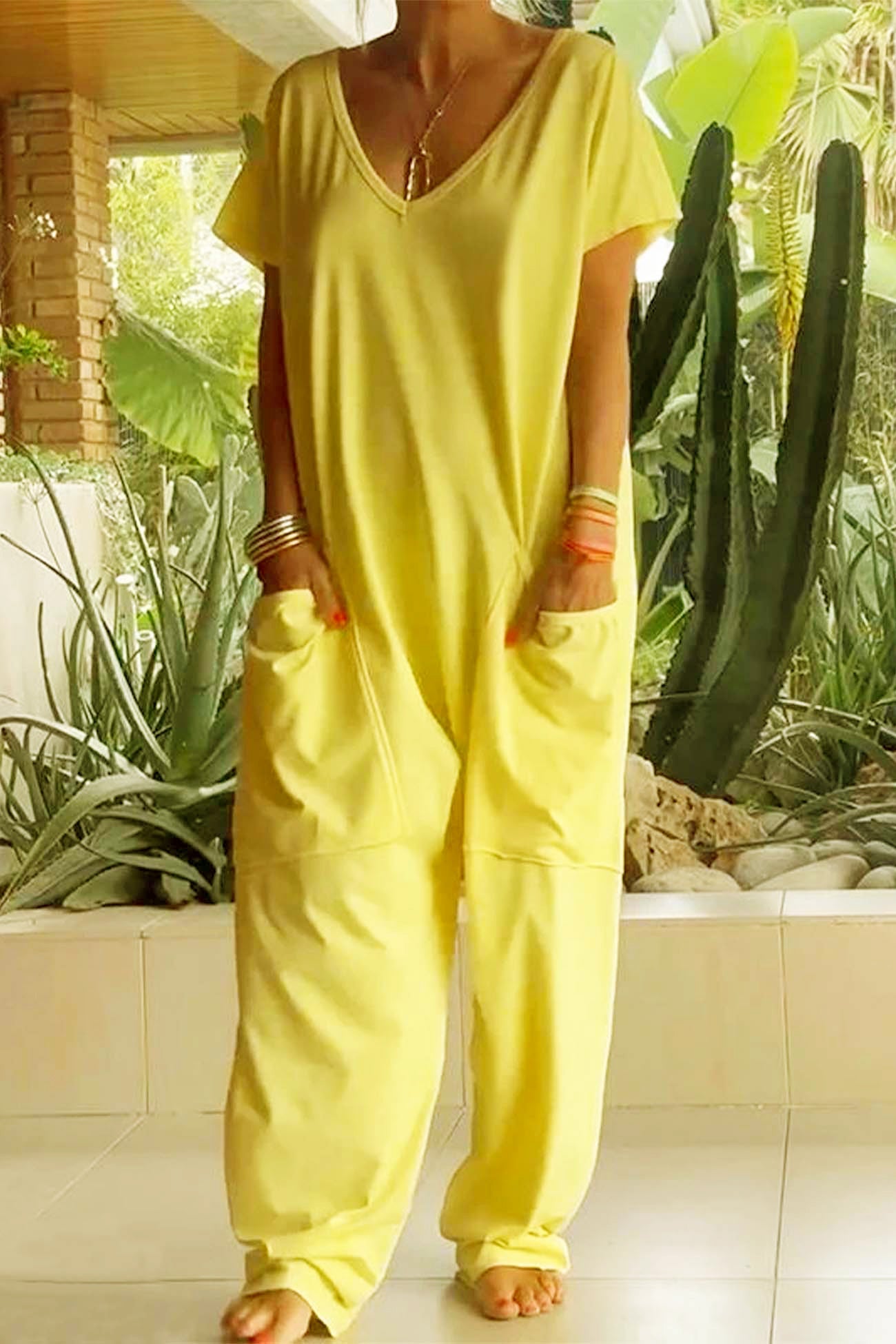 Women's short sleeve v neck pocket jumpsuit