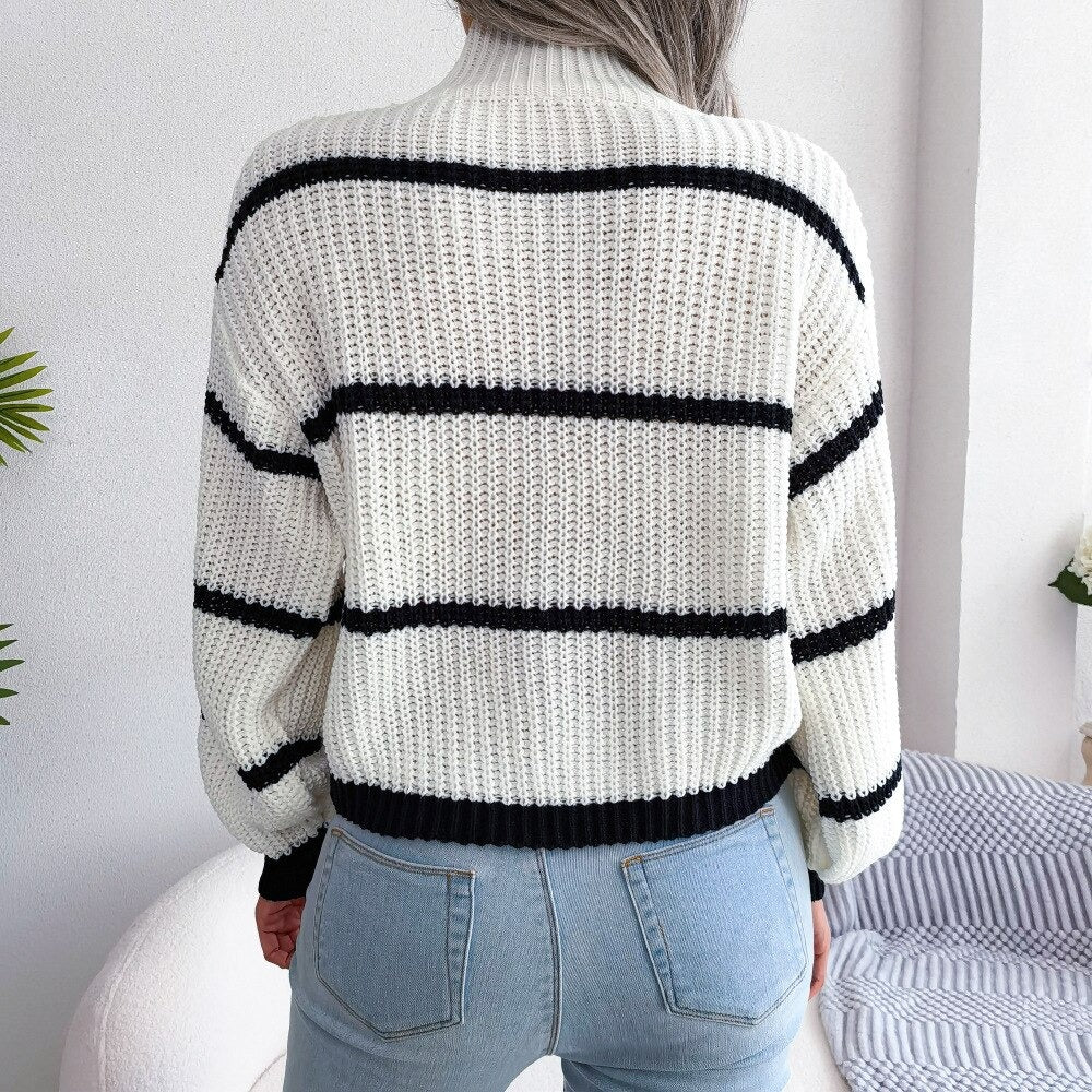 Striped High Collar Loose Fit Sweater
