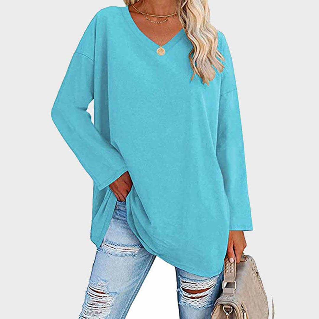 Women's Long-Sleeve Sweater - Loose Fit V-Neck - Soft Knit Casual Tunic