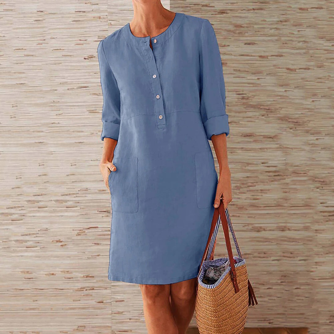 Women's Casual Dress - Knee-Length Shift Fit - Button Front - Long Sleeves