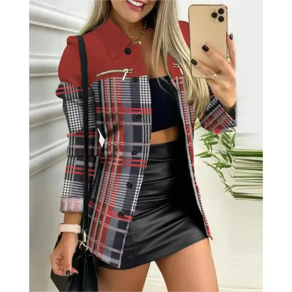 Women’s Long Jacket - Slim Fit - Lapel Collar - Button Closure - Abstract Print - Decorative Zipper