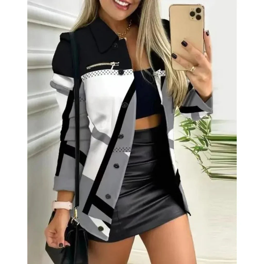 Women’s Long Jacket - Slim Fit - Lapel Collar - Button Closure - Abstract Print - Decorative Zipper