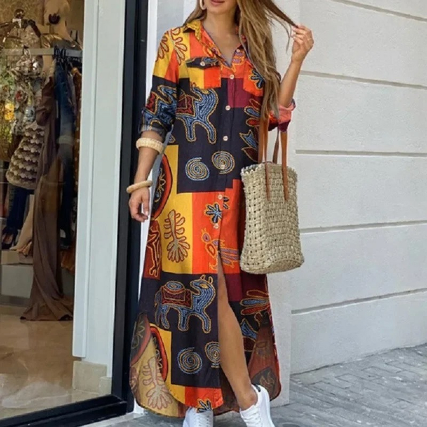 Women's Shirt Dress - Button-Down Front - Long Sleeve - High-Low Hem - Casual Fit