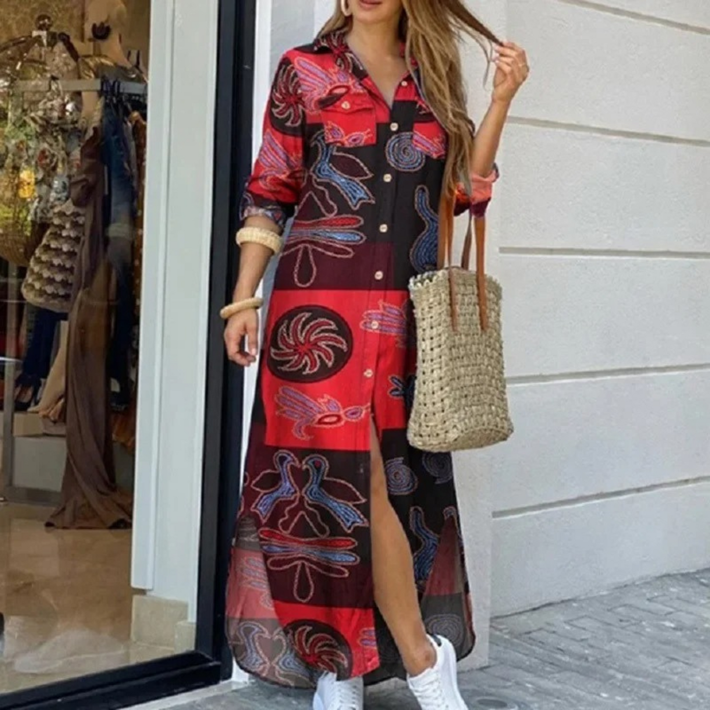 Women's Shirt Dress - Button-Down Front - Long Sleeve - High-Low Hem - Casual Fit