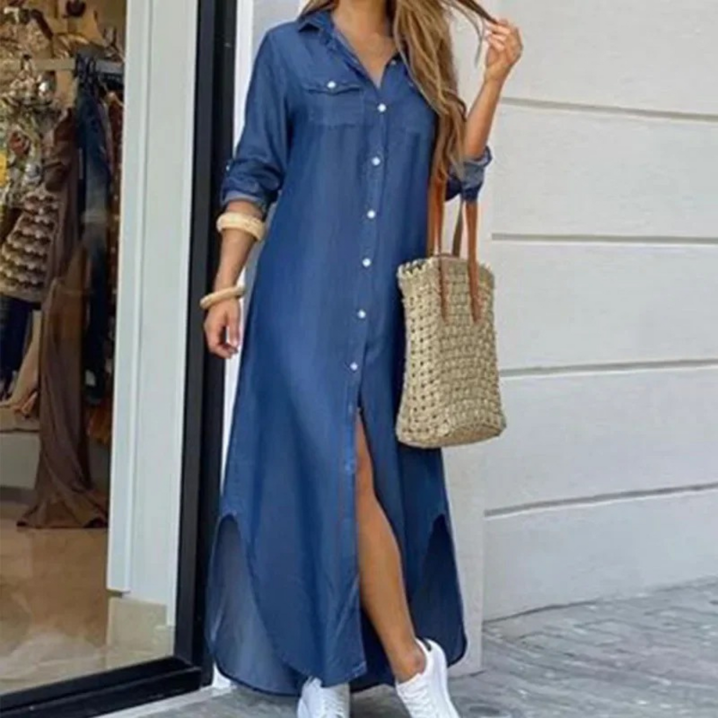 Women's Shirt Dress - Button-Down Front - Long Sleeve - High-Low Hem - Casual Fit