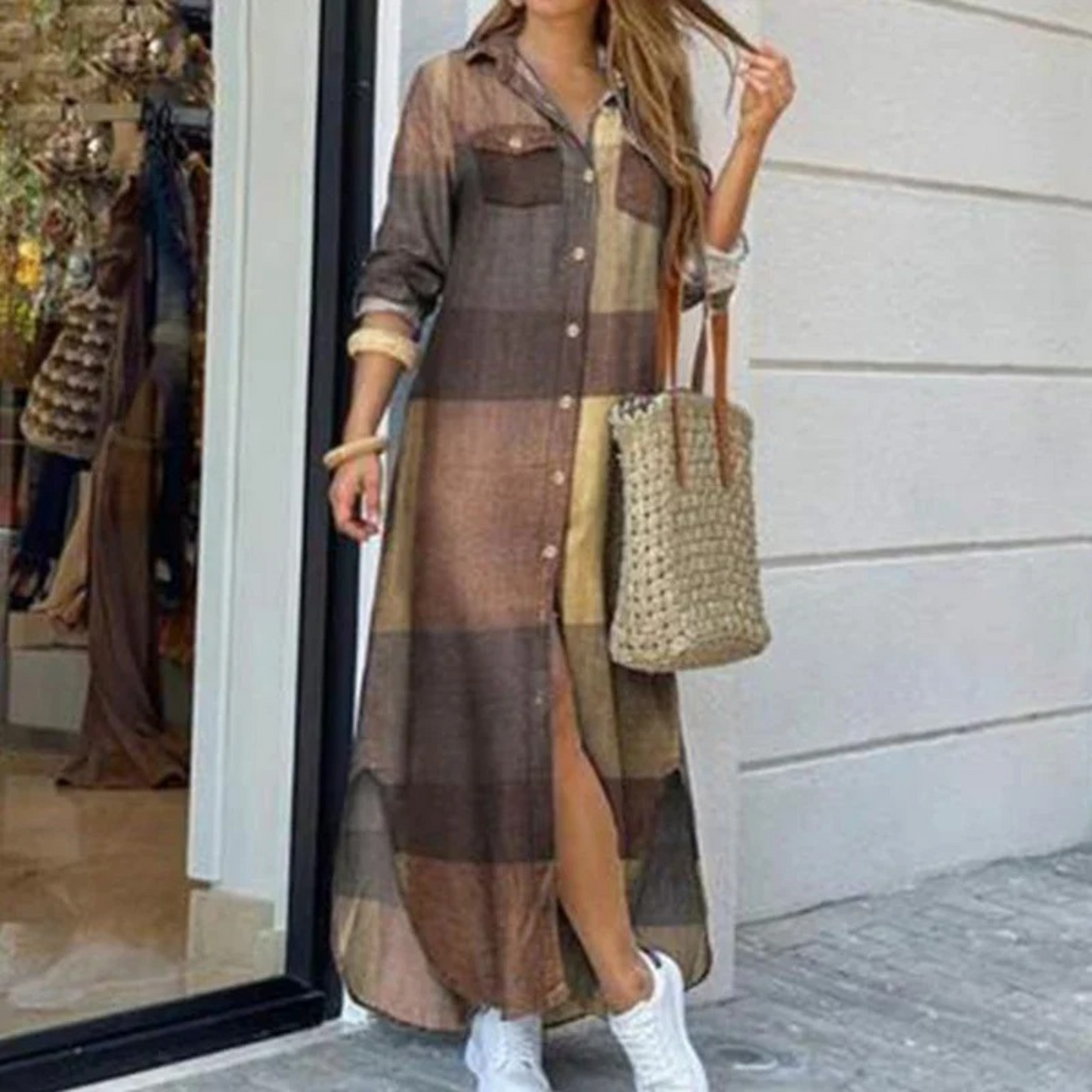 Women's Shirt Dress - Button-Down Front - Long Sleeve - High-Low Hem - Casual Fit
