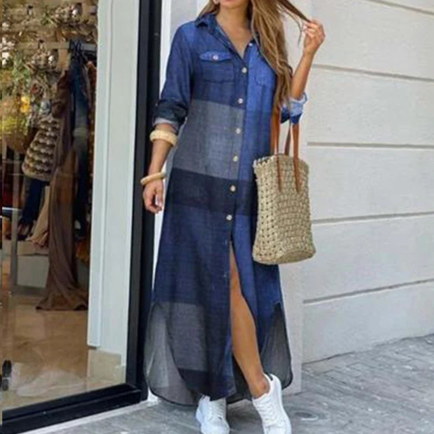 Women's Shirt Dress - Button-Down Front - Long Sleeve - High-Low Hem - Casual Fit