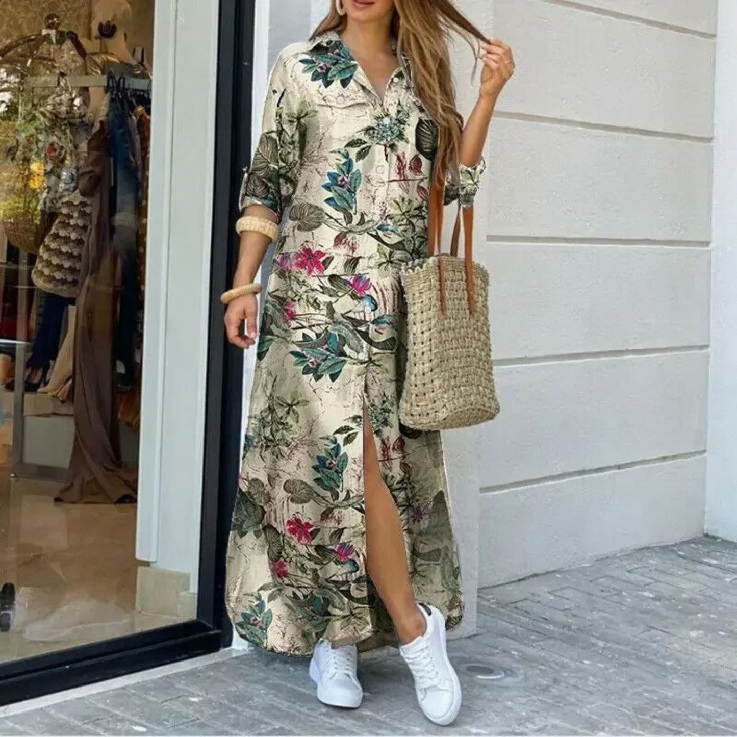 Women's Shirt Dress - Button-Down Front - Long Sleeve - High-Low Hem - Casual Fit