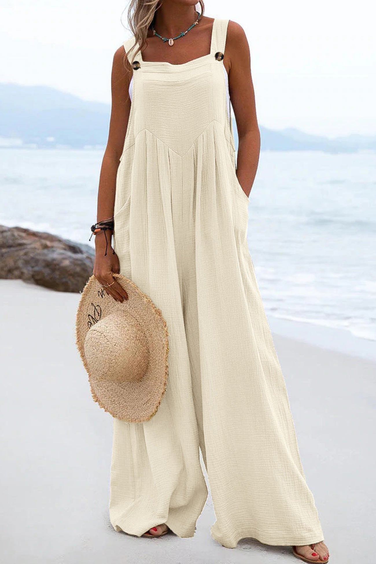 Women's Wide-Leg Jumpsuit - Sleeveless Relaxed Fit - Button Straps - Casual Wear
