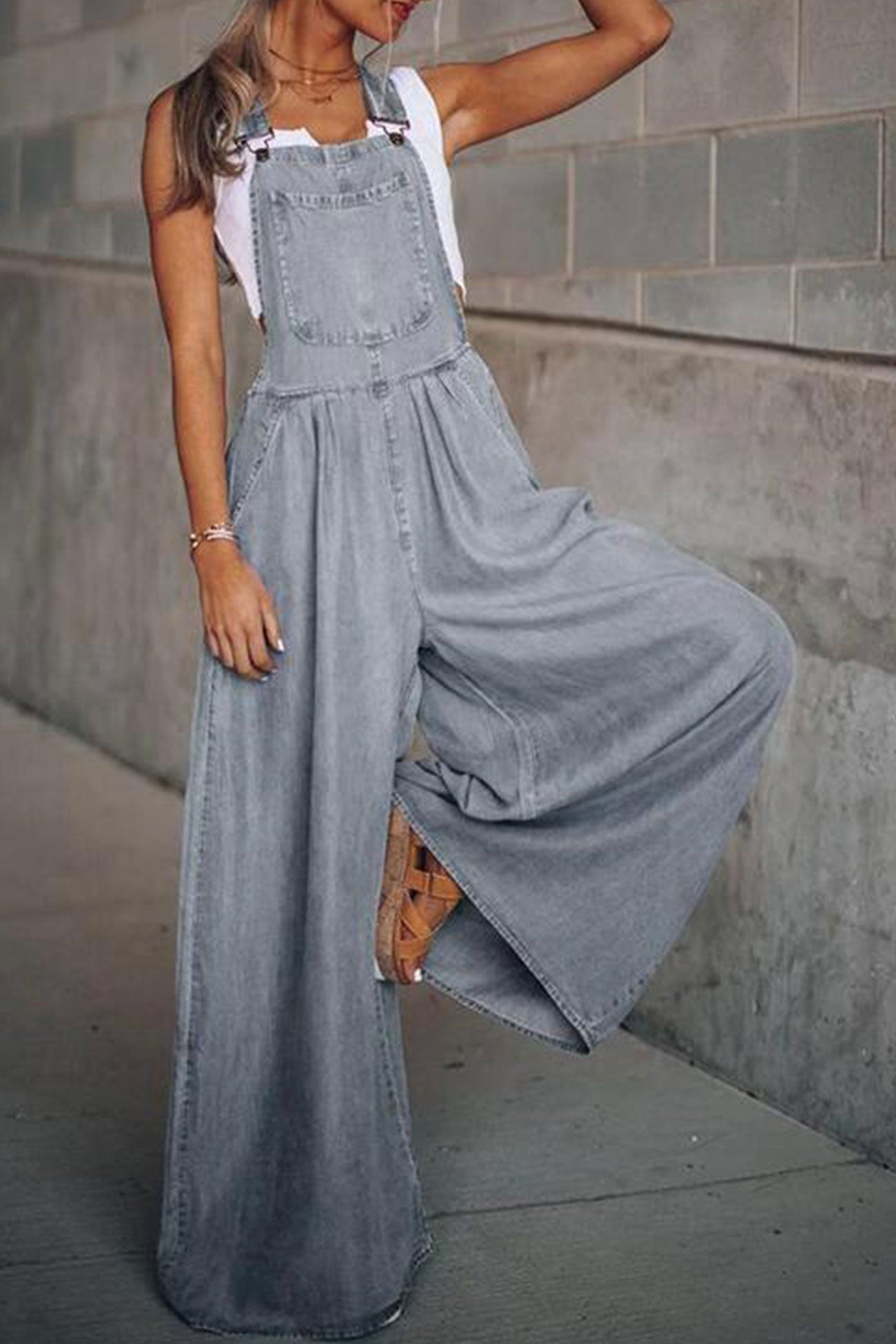 Women’s Denim Overalls - Wide Leg Relaxed Fit - Adjustable Straps - Pocket Front