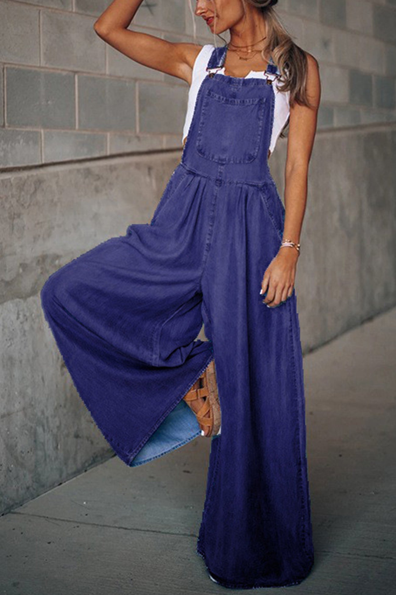 Women’s Denim Overalls - Wide Leg Relaxed Fit - Adjustable Straps - Pocket Front