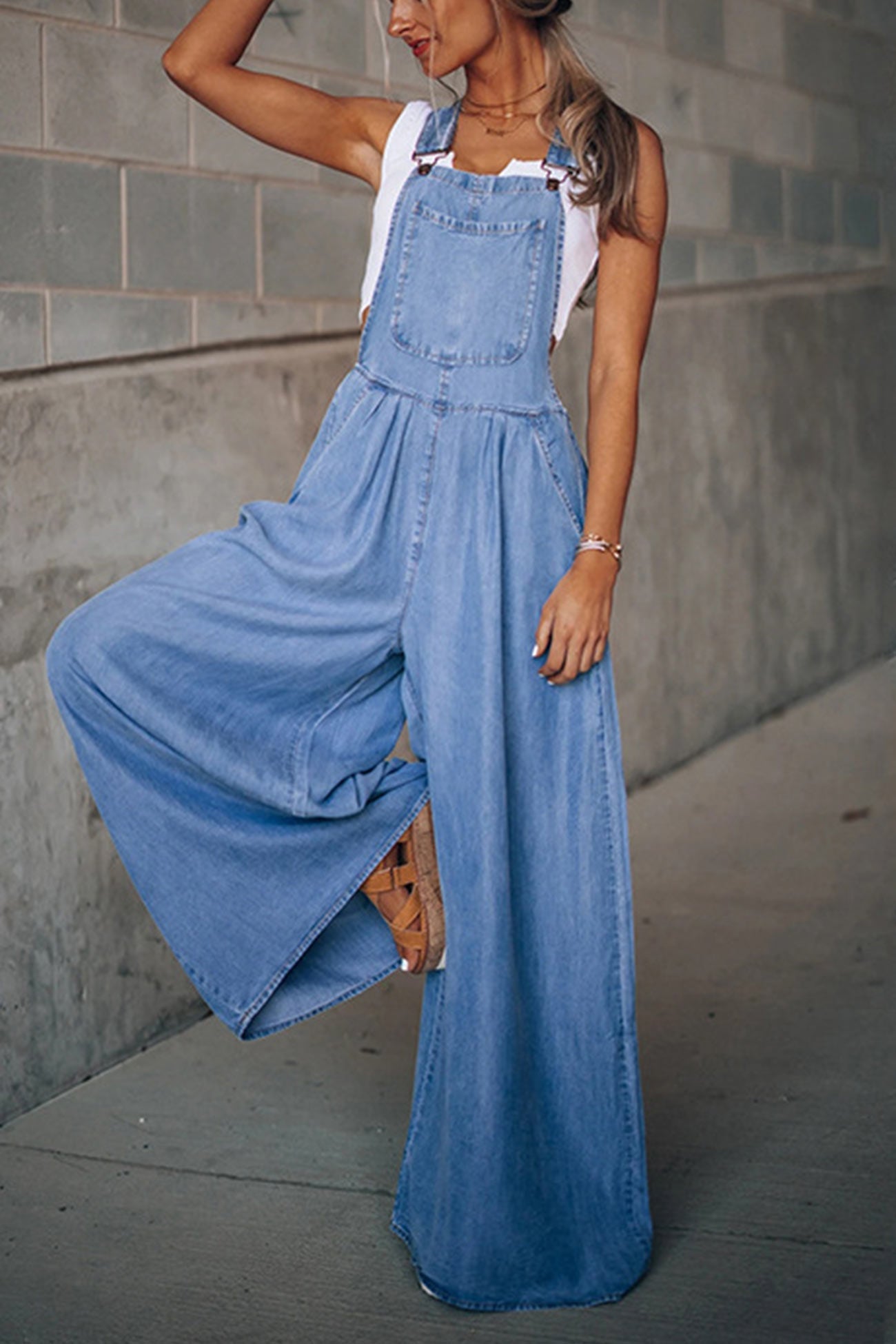 Women’s Denim Overalls - Wide Leg Relaxed Fit - Adjustable Straps - Pocket Front