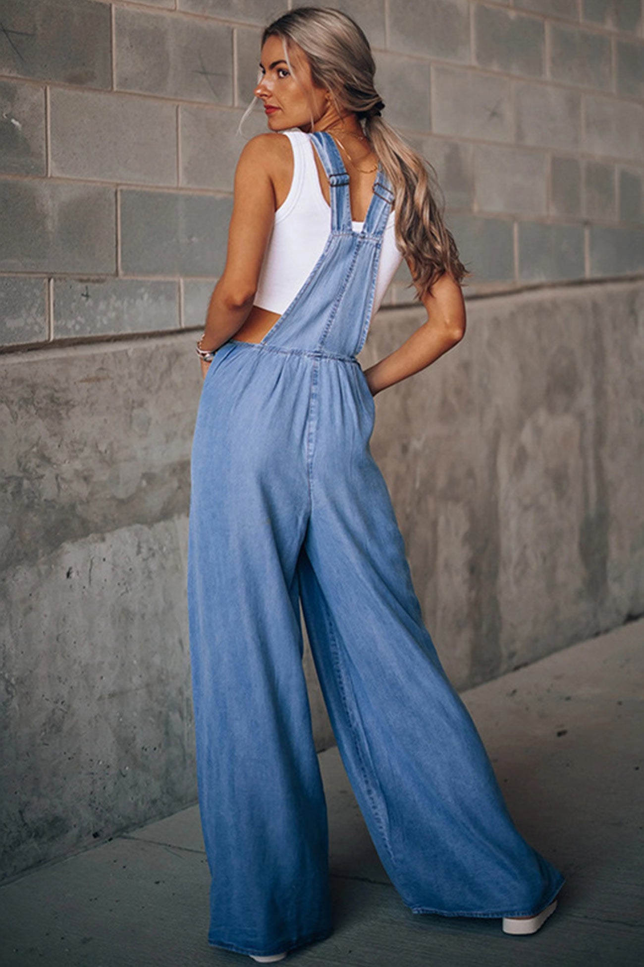 Women’s Denim Overalls - Wide Leg Relaxed Fit - Adjustable Straps - Pocket Front