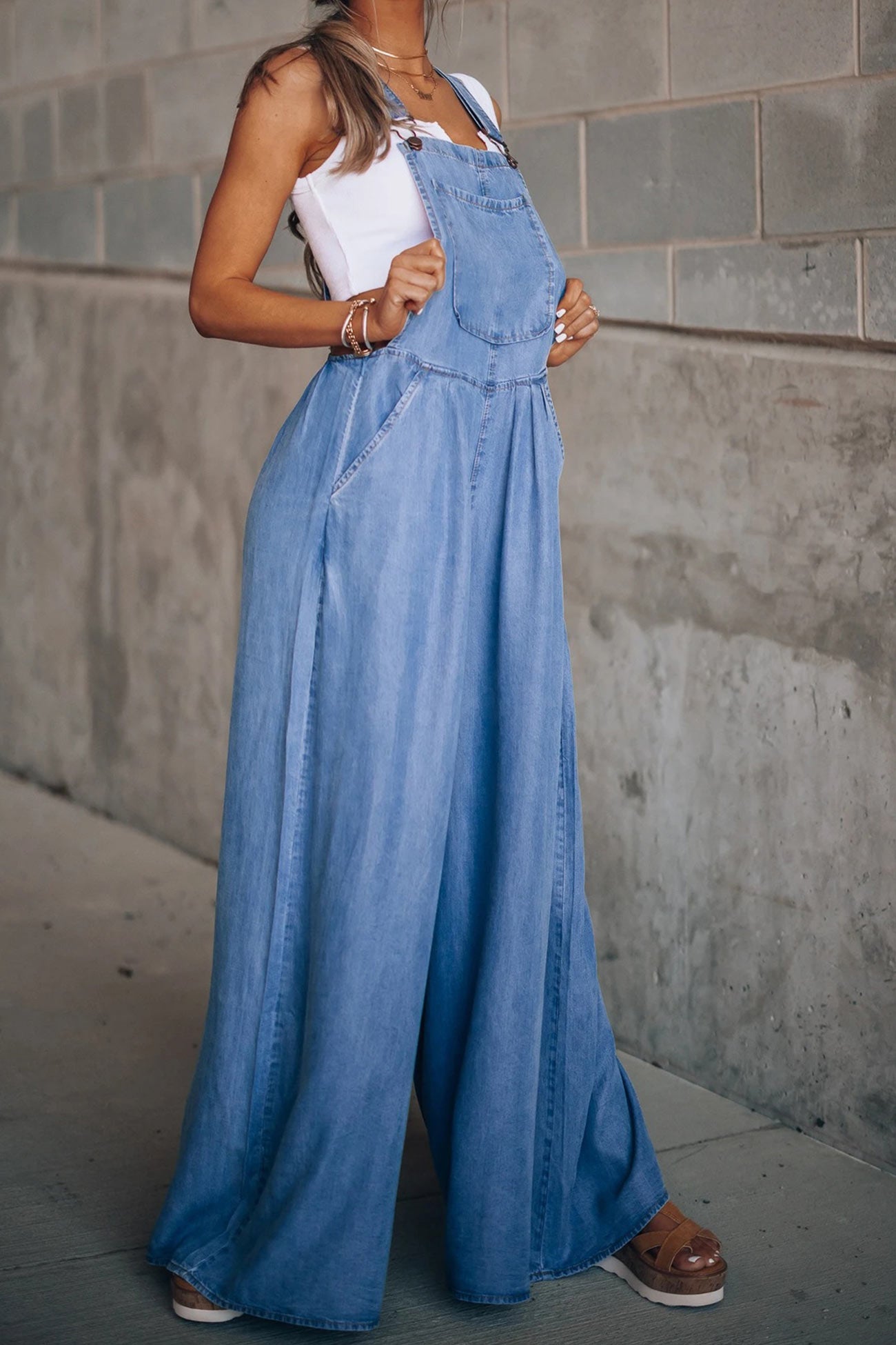 Women’s Denim Overalls - Wide Leg Relaxed Fit - Adjustable Straps - Pocket Front