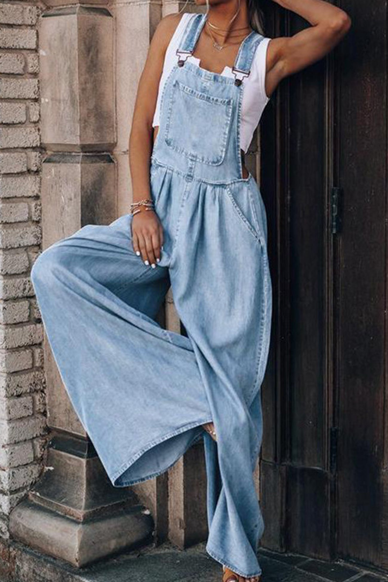 Women’s Denim Overalls - Wide Leg Relaxed Fit - Adjustable Straps - Pocket Front