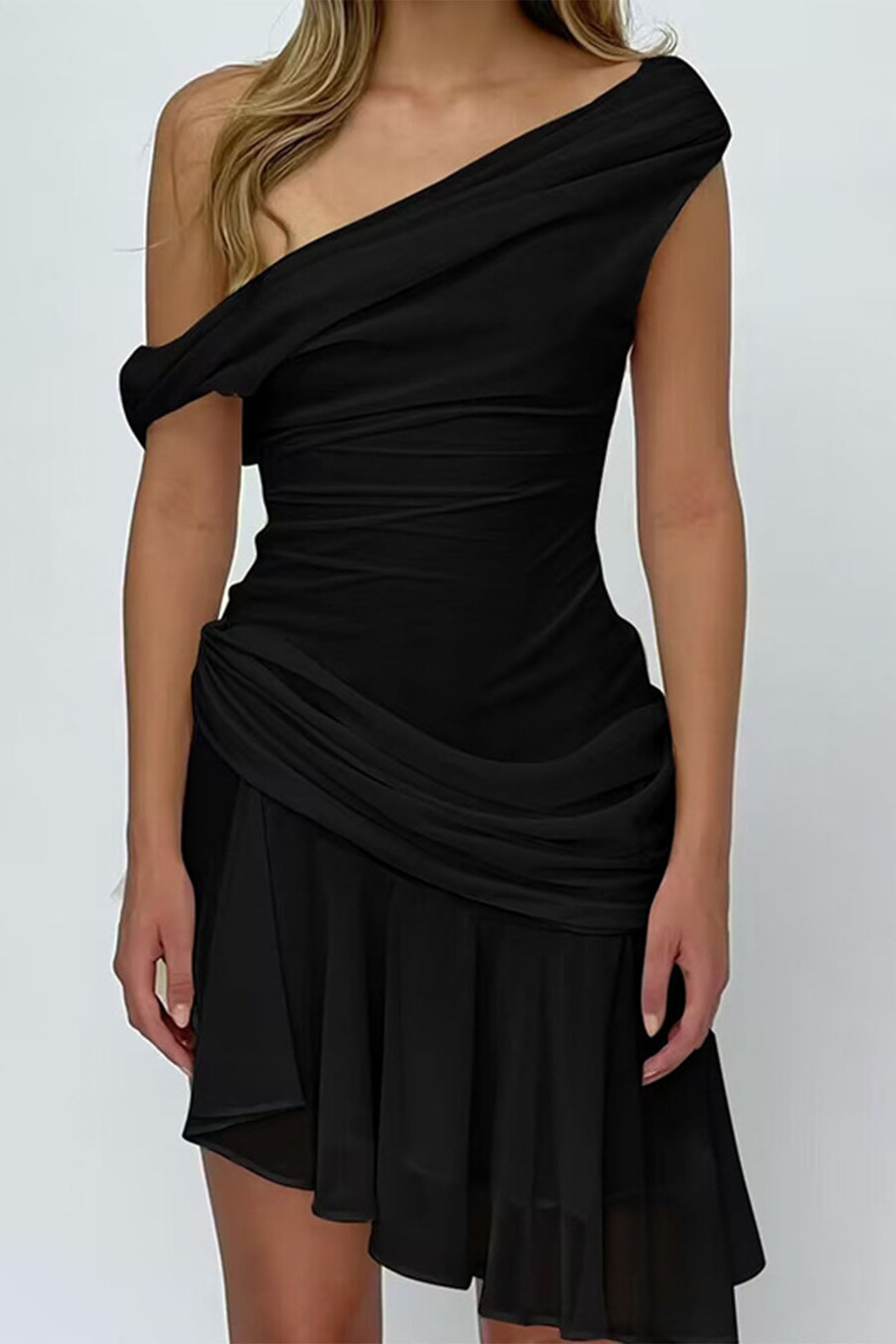 Women's One-Shoulder Mini Dress - Ruched Bodycon - Asymmetrical High Slit Elegant Wear