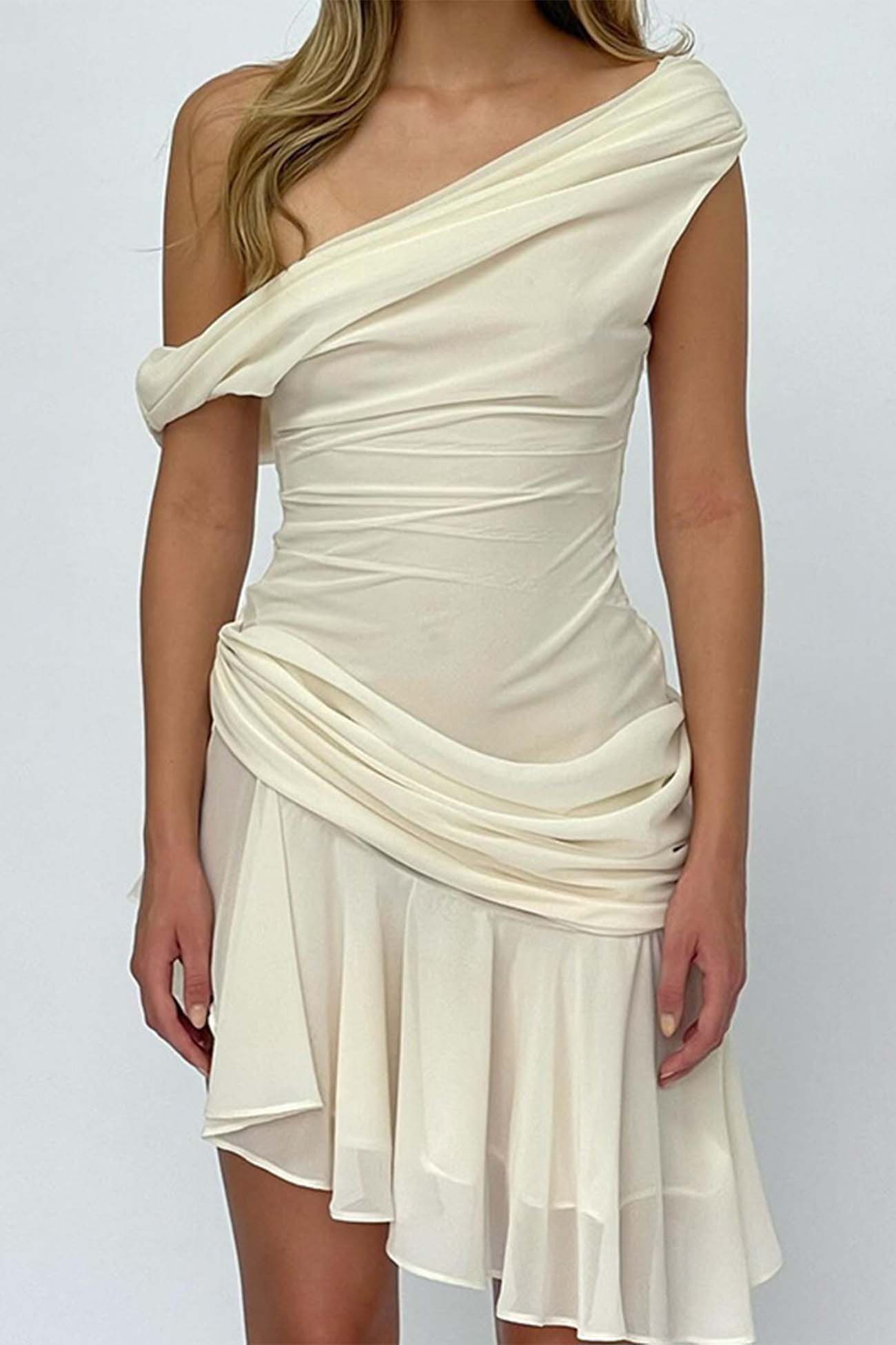 Women's One-Shoulder Mini Dress - Ruched Bodycon - Asymmetrical High Slit Elegant Wear