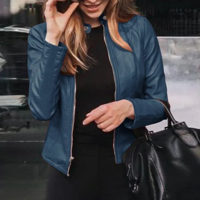 Women's Leather Jacket - Slim Fit - Stand Collar - Zipper Front - Modern Chic Style