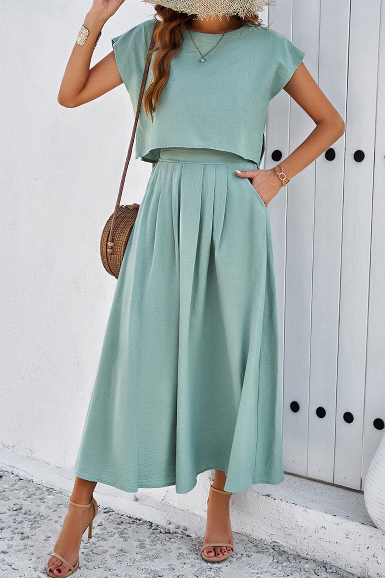 Women's slit crop top and ruched midi skirt set