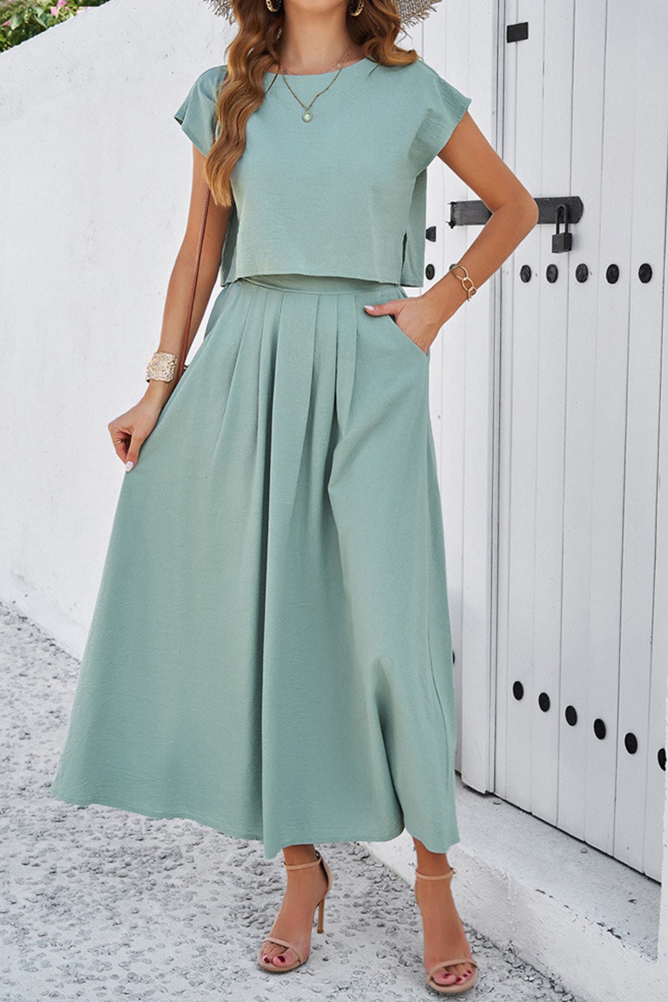 Women's slit crop top and ruched midi skirt set