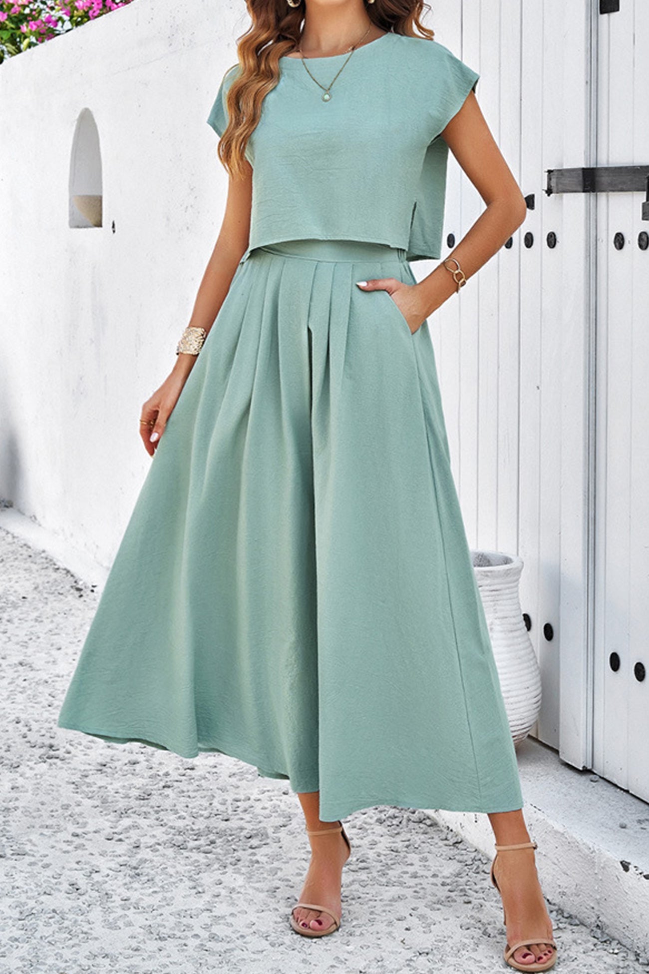 Women's slit crop top and ruched midi skirt set