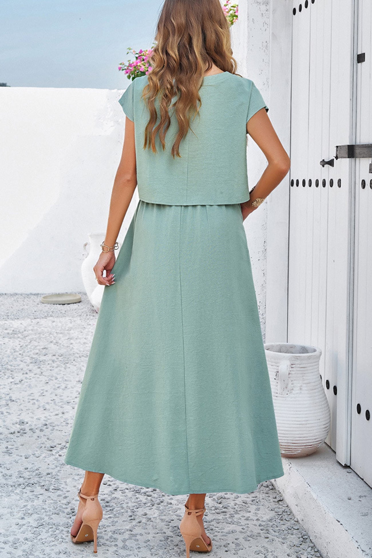 Women's slit crop top and ruched midi skirt set