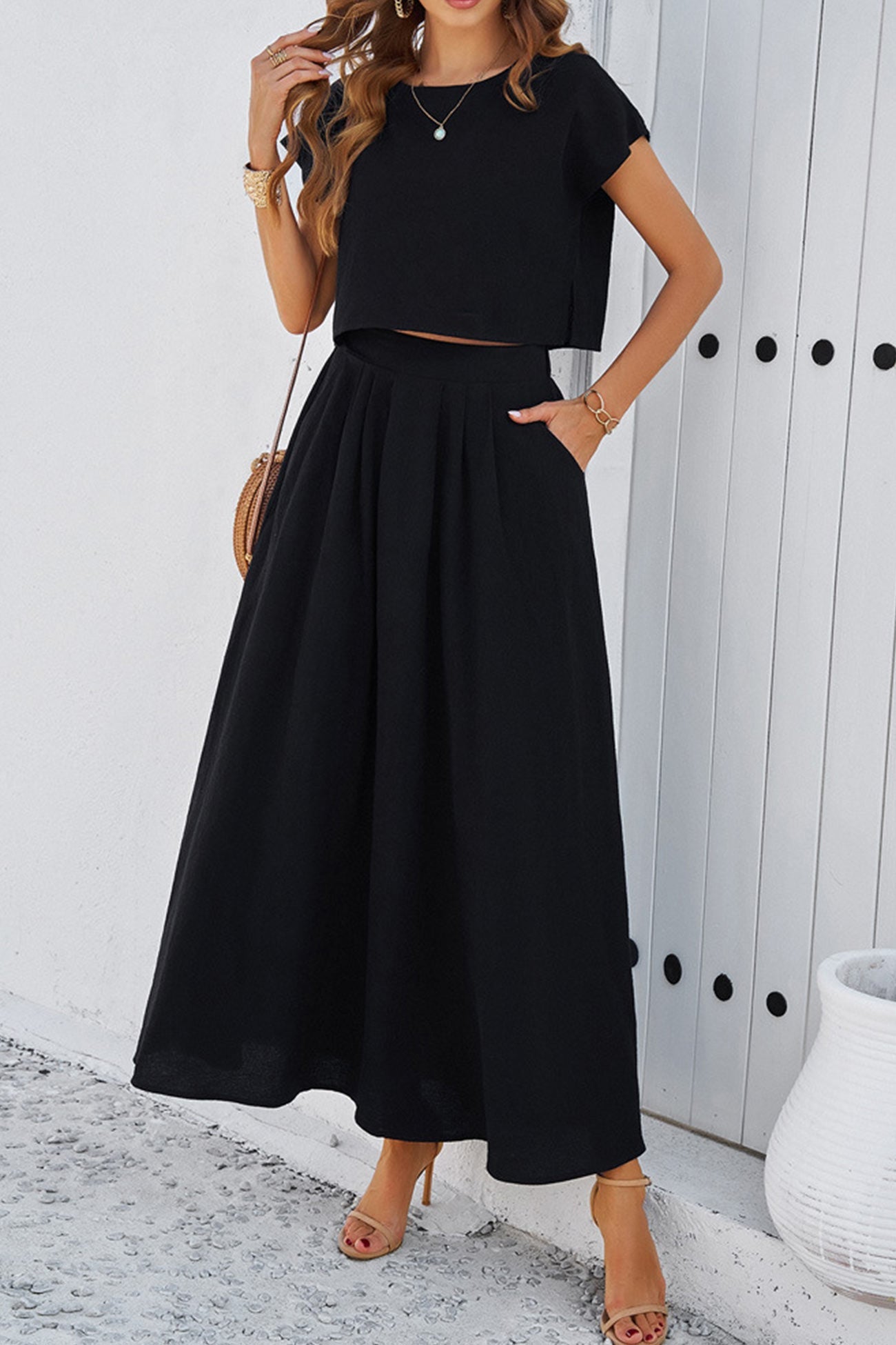 Women's slit crop top and ruched midi skirt set
