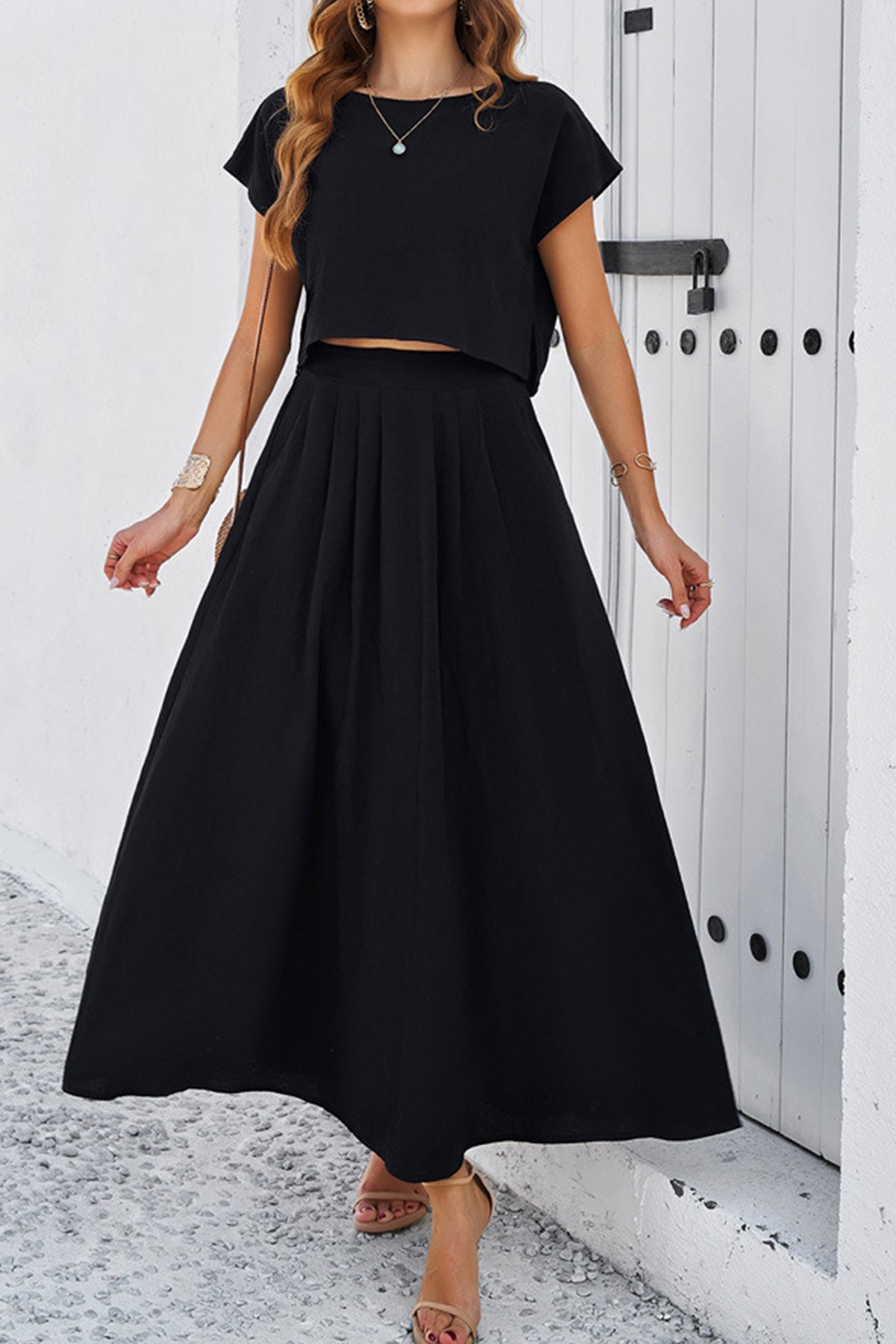 Women's slit crop top and ruched midi skirt set
