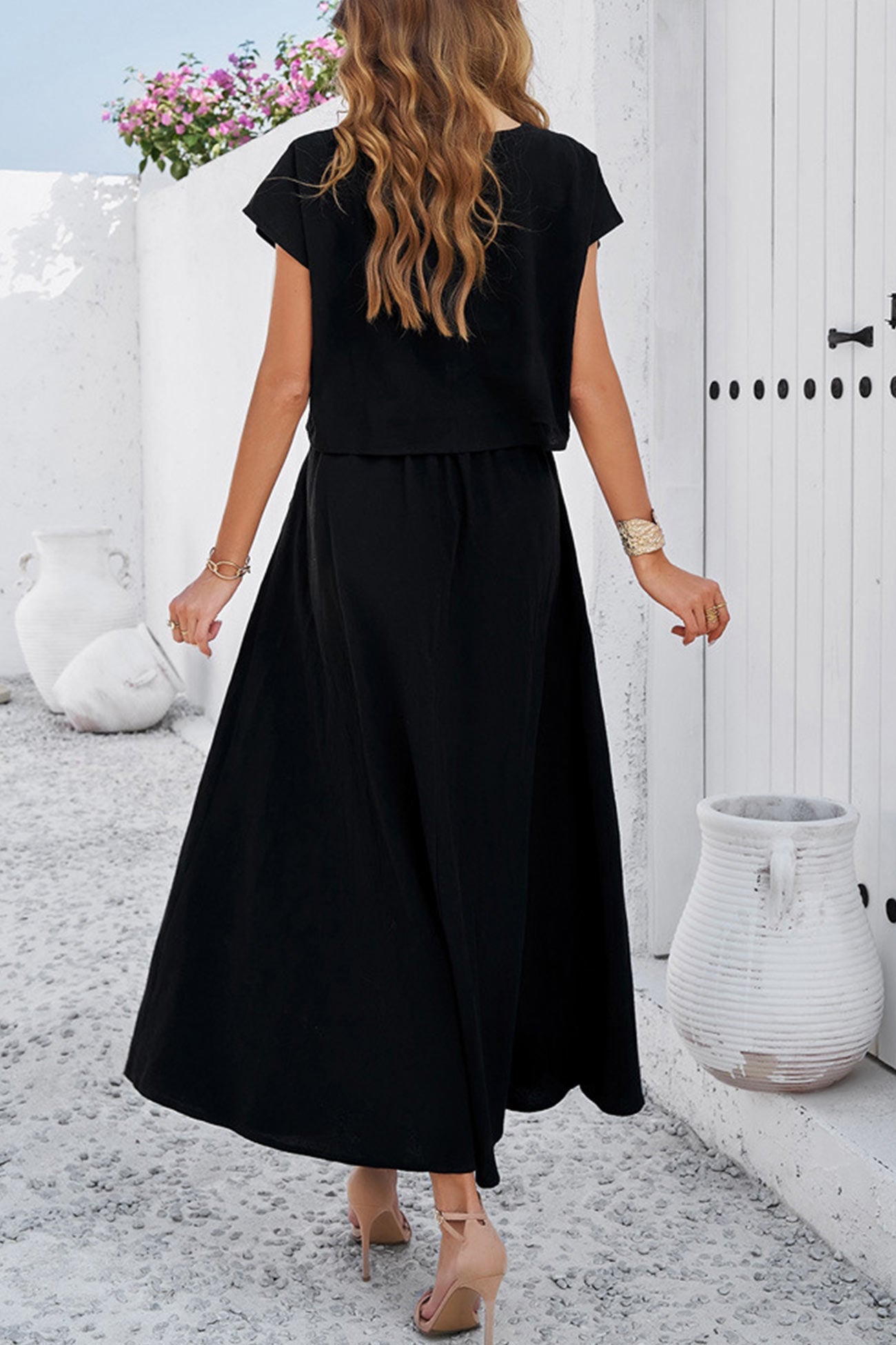 Women's slit crop top and ruched midi skirt set