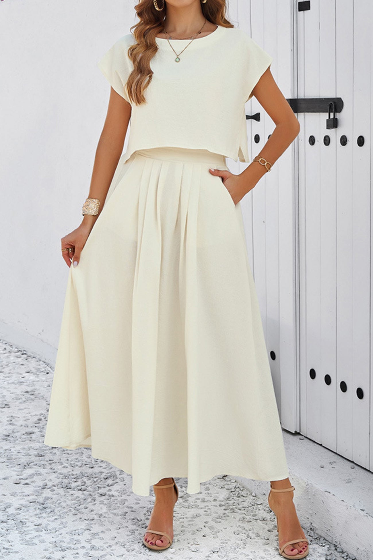 Women's slit crop top and ruched midi skirt set