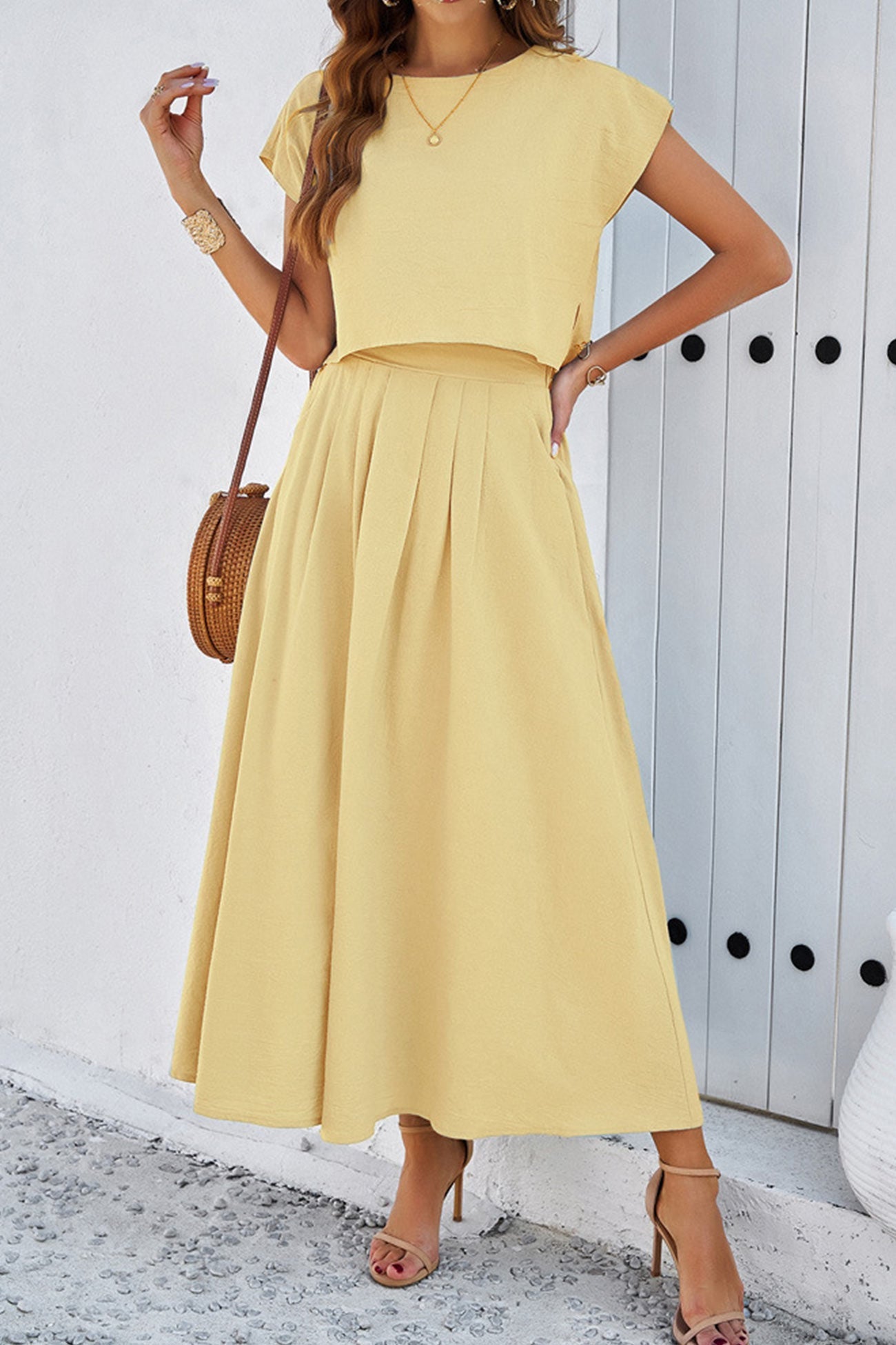 Women's slit crop top and ruched midi skirt set