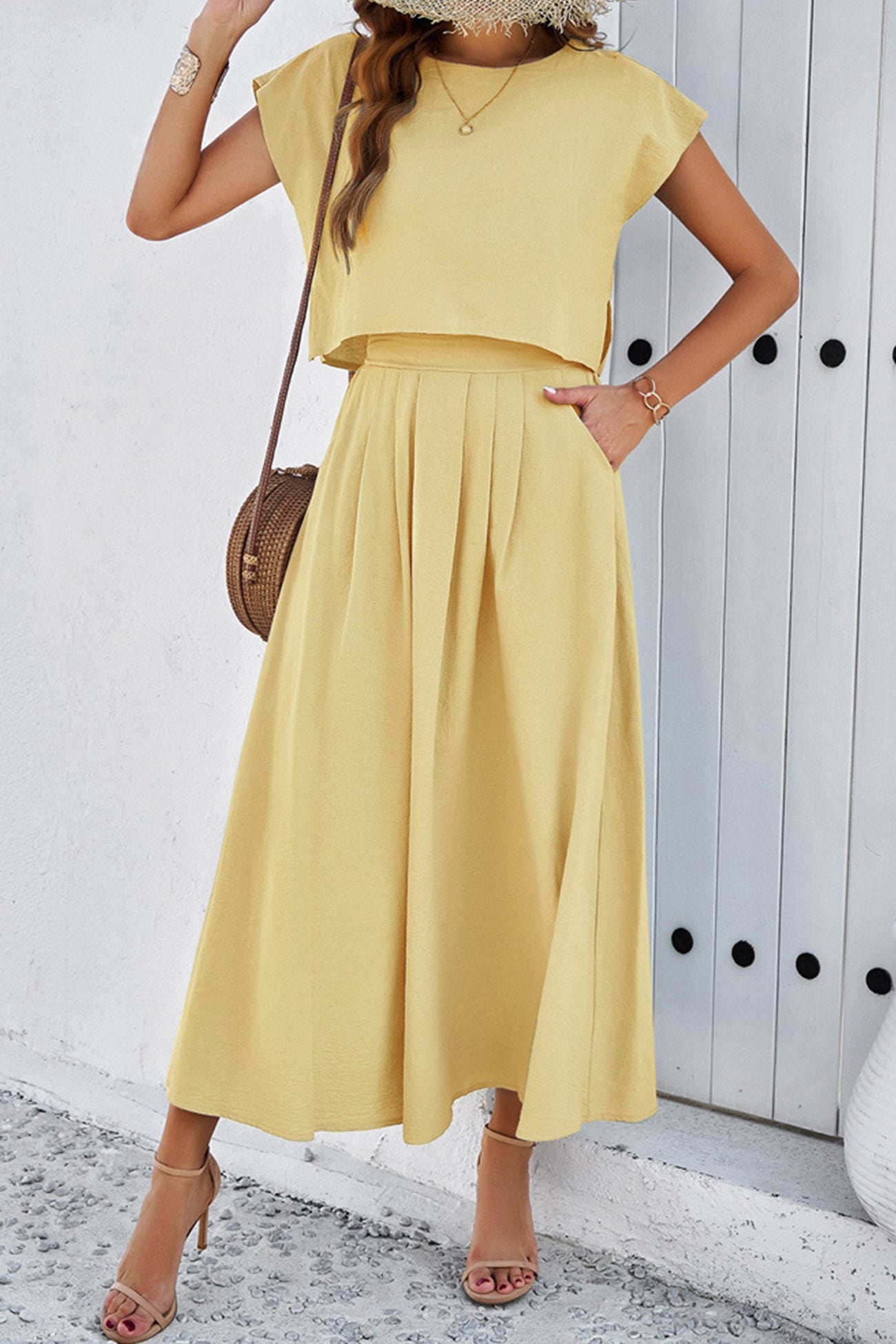 Women's slit crop top and ruched midi skirt set