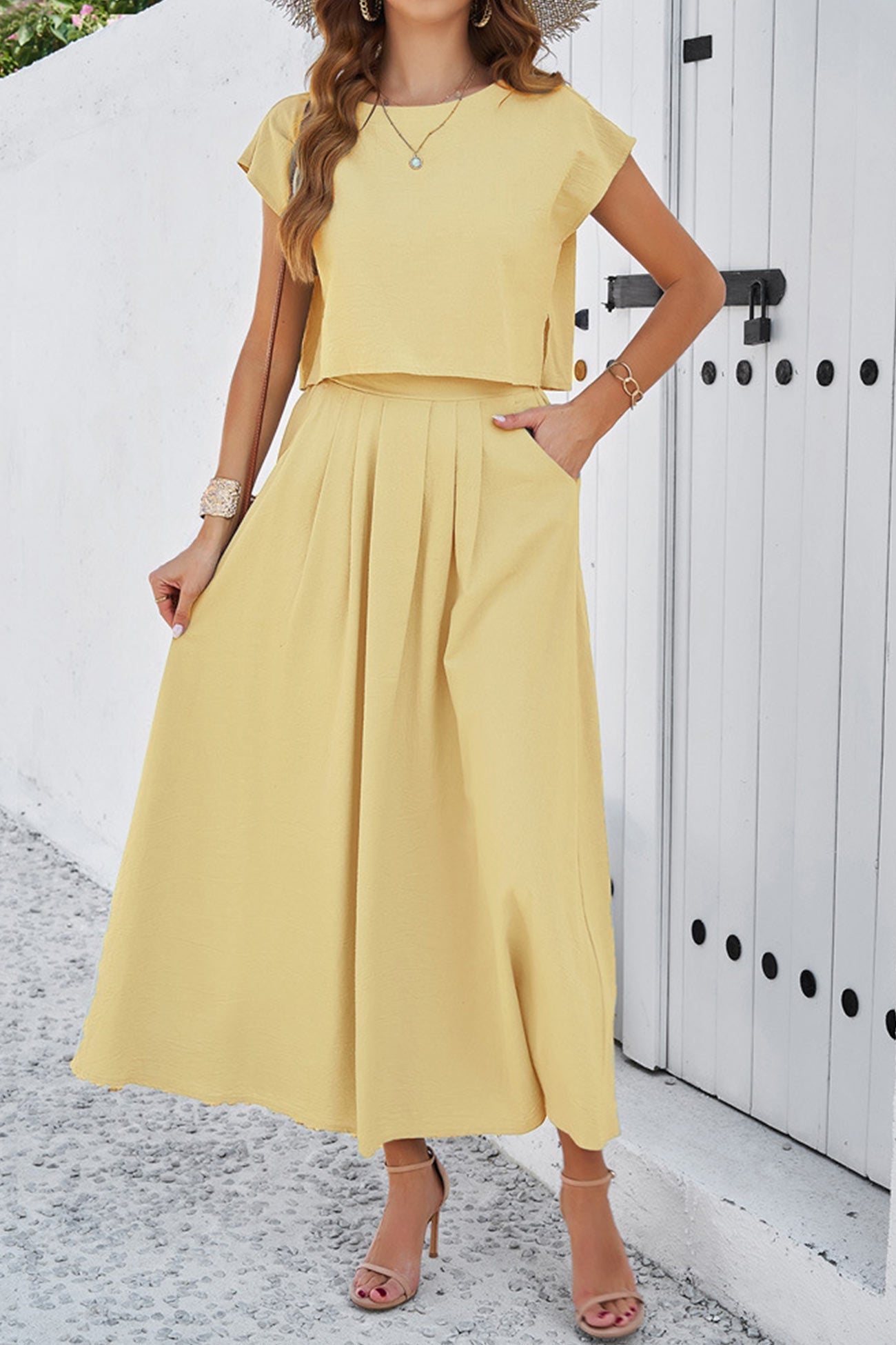 Women's slit crop top and ruched midi skirt set