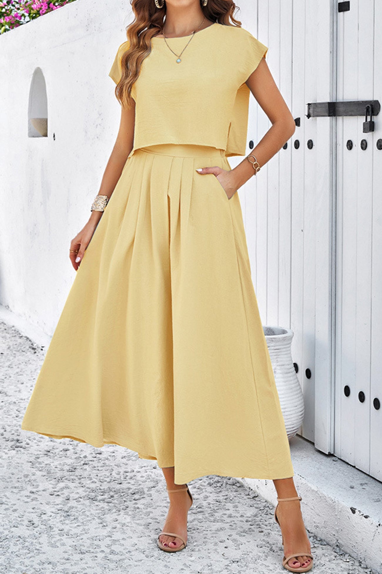 Women's slit crop top and ruched midi skirt set