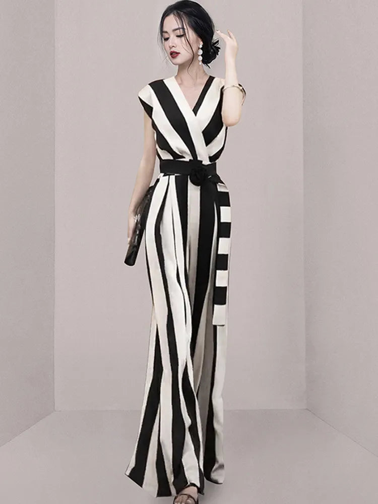 Women's Jumpsuit - Striped Wrap Bodice - V-Neck Wide-Leg Fit - Belted Waist