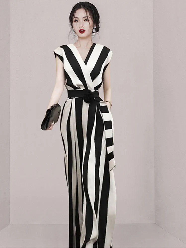 Women's Jumpsuit - Striped Wrap Bodice - V-Neck Wide-Leg Fit - Belted Waist