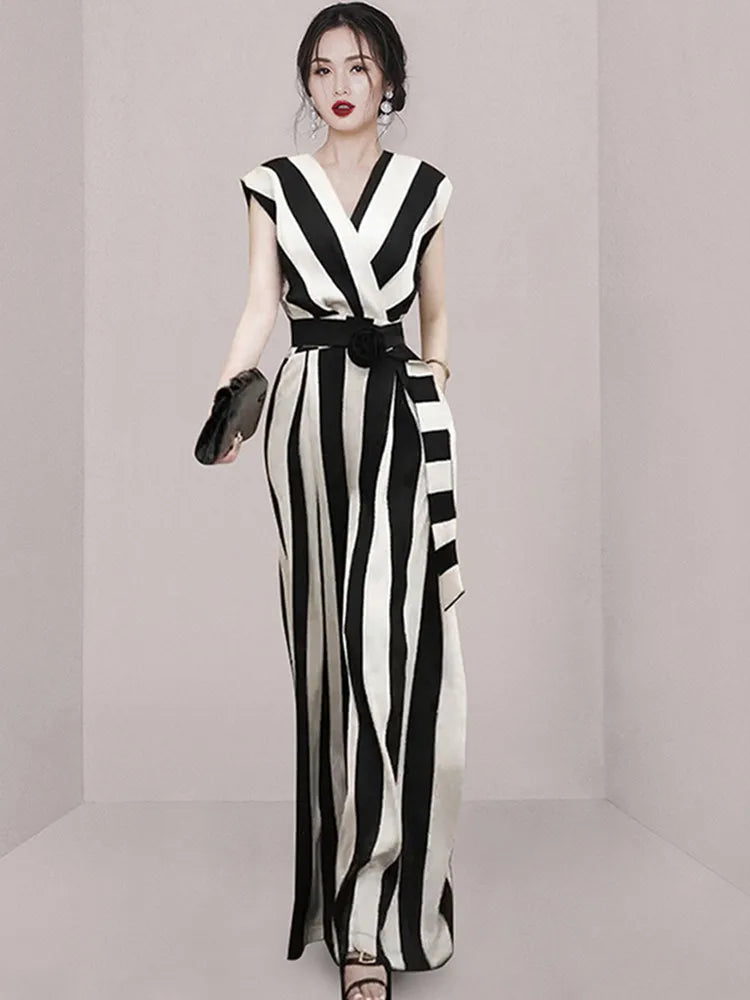 Women's Jumpsuit - Striped Wrap Bodice - V-Neck Wide-Leg Fit - Belted Waist