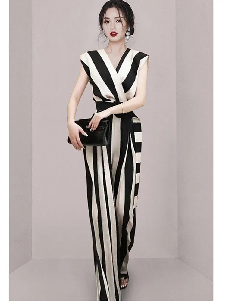 Women's Jumpsuit - Striped Wrap Bodice - V-Neck Wide-Leg Fit - Belted Waist