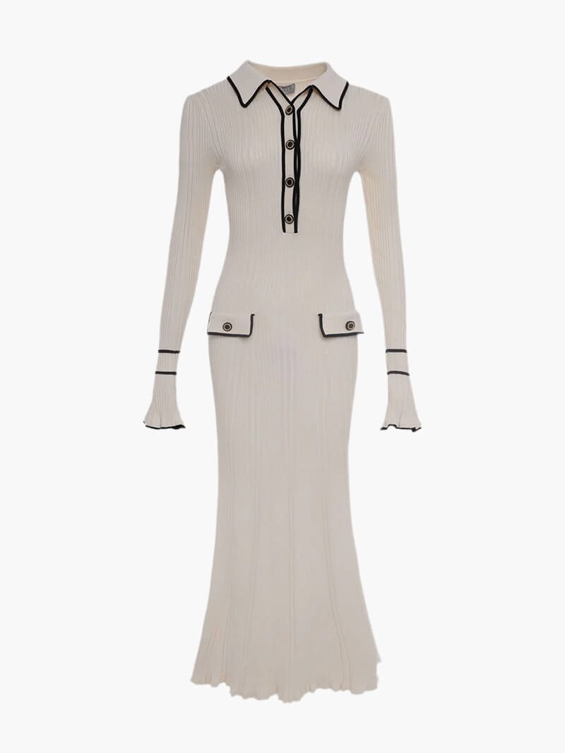Ribbed Knit Button-Up Flared Hem Midi Dress