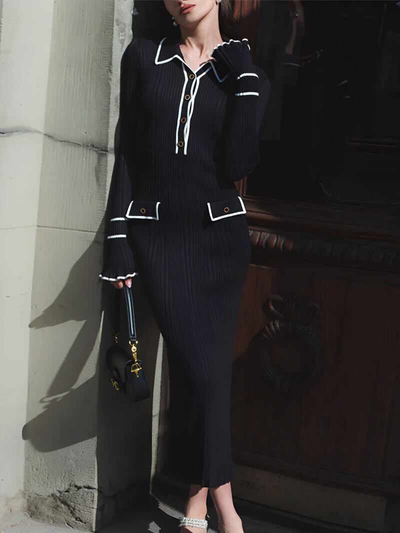 Ribbed Knit Button-Up Flared Hem Midi Dress