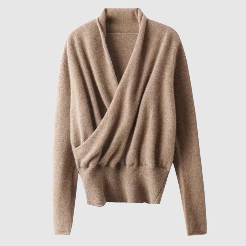 Women’s Sweater – Relaxed Fit Wrap Style – Ribbed Waist – Long Sleeve Wool Knit