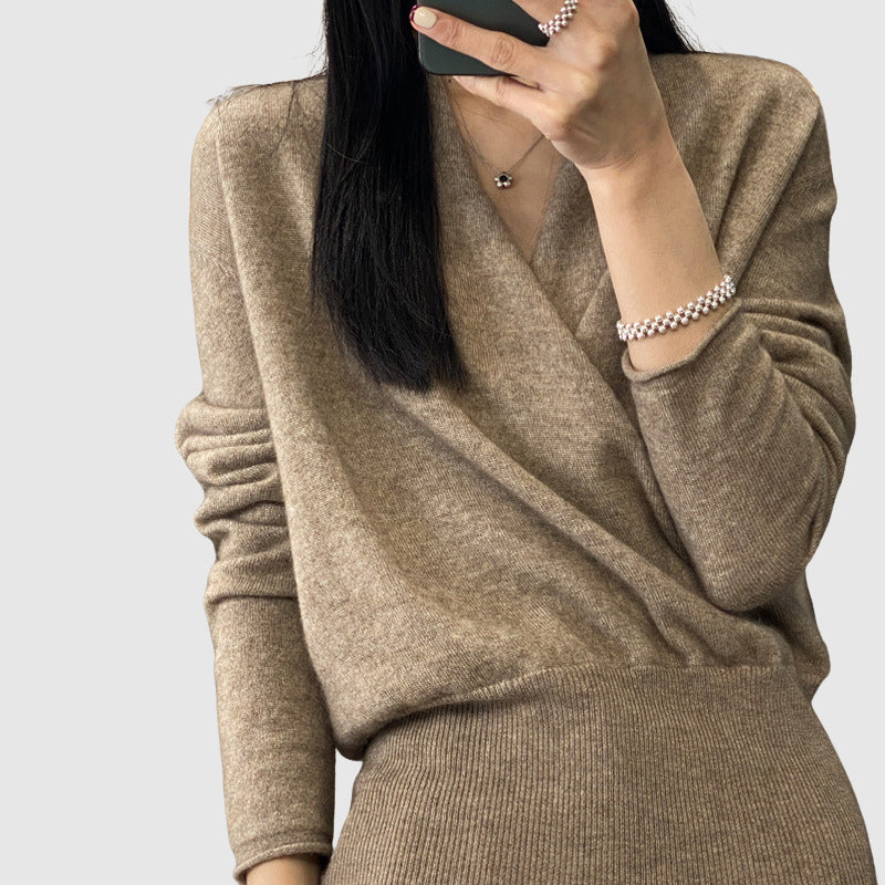 Women’s Sweater – Relaxed Fit Wrap Style – Ribbed Waist – Long Sleeve Wool Knit