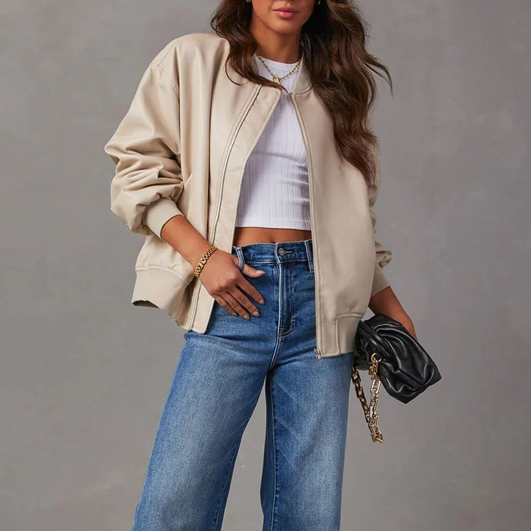Women’s Bomber Jacket – Oversized Fit – Glossy Leather-Look – Ribbed Trim – Zip Front