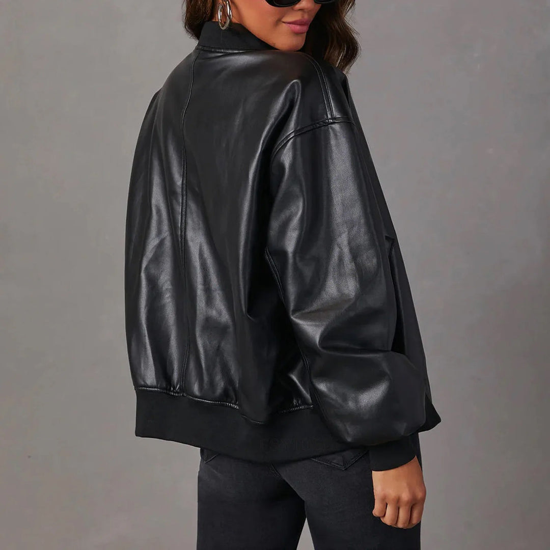Women’s Bomber Jacket – Oversized Fit – Glossy Leather-Look – Ribbed Trim – Zip Front