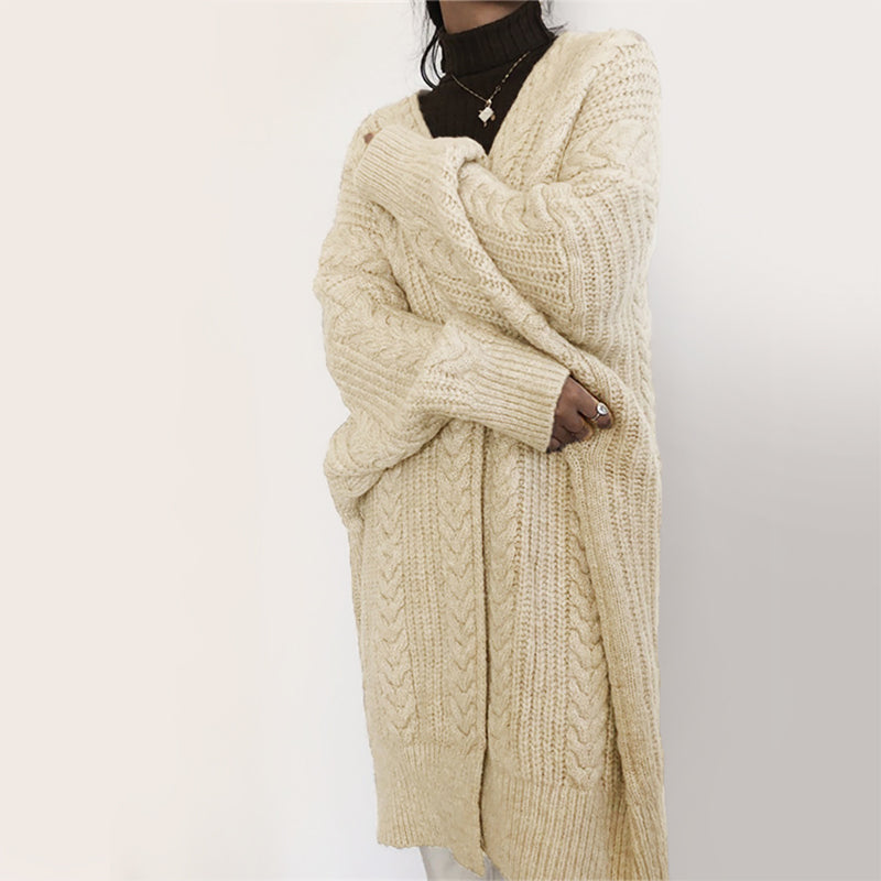 Women's autumn winter thick loose cable knit cardigan mid-length