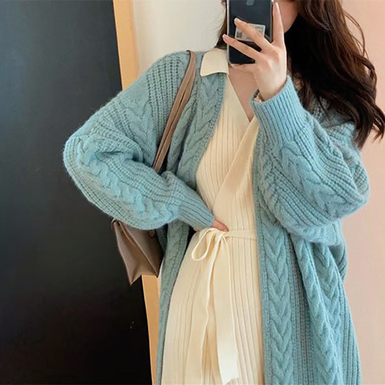 Women's autumn winter thick loose cable knit cardigan mid-length