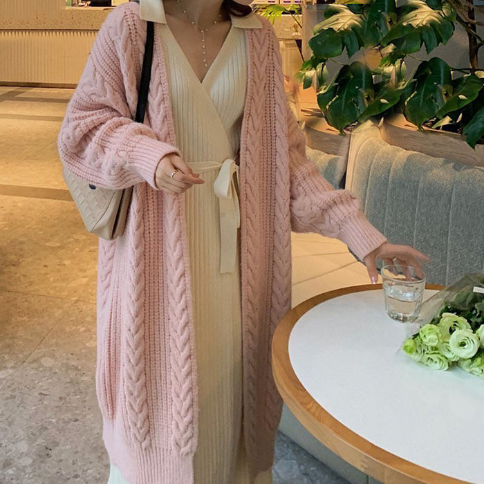 Women's autumn winter thick loose cable knit cardigan mid-length