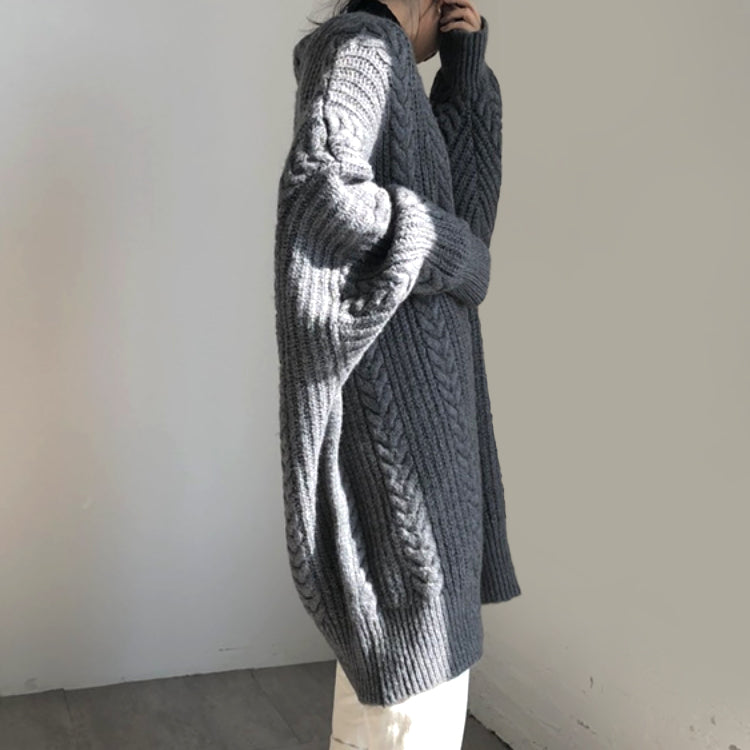 Women's autumn winter thick loose cable knit cardigan mid-length