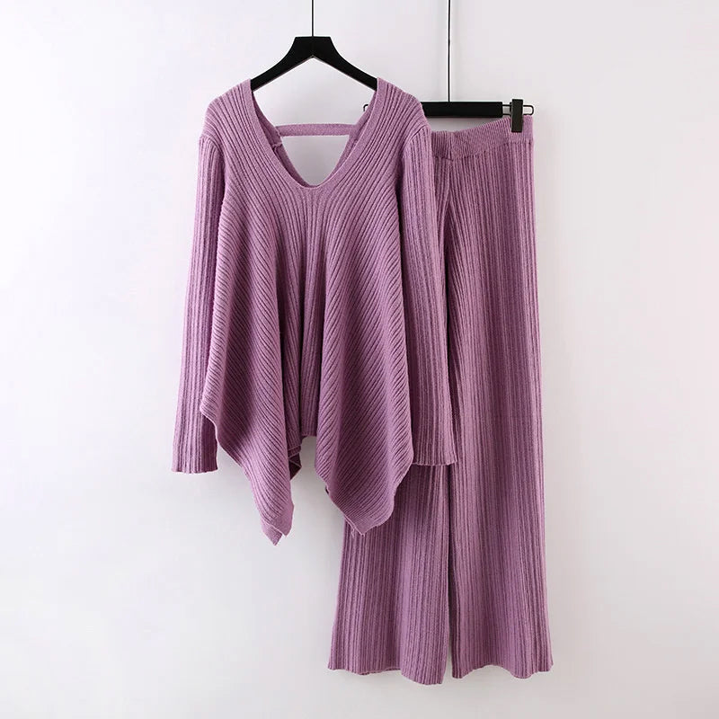 Women's pleated knit v-neck top wide-leg pants set